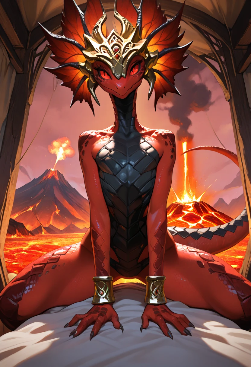 there is a woman in a red dress and a red dragon, scales covering her chest, appears as the fire goddess, scales on her chest, epic 3 d yemaya, dark skin female goddess of love, infernal nymph!!!, queen of dragons, blue scales covering her chest, epic 3 d oshun, beautiful succubus, dragon in dragon lair