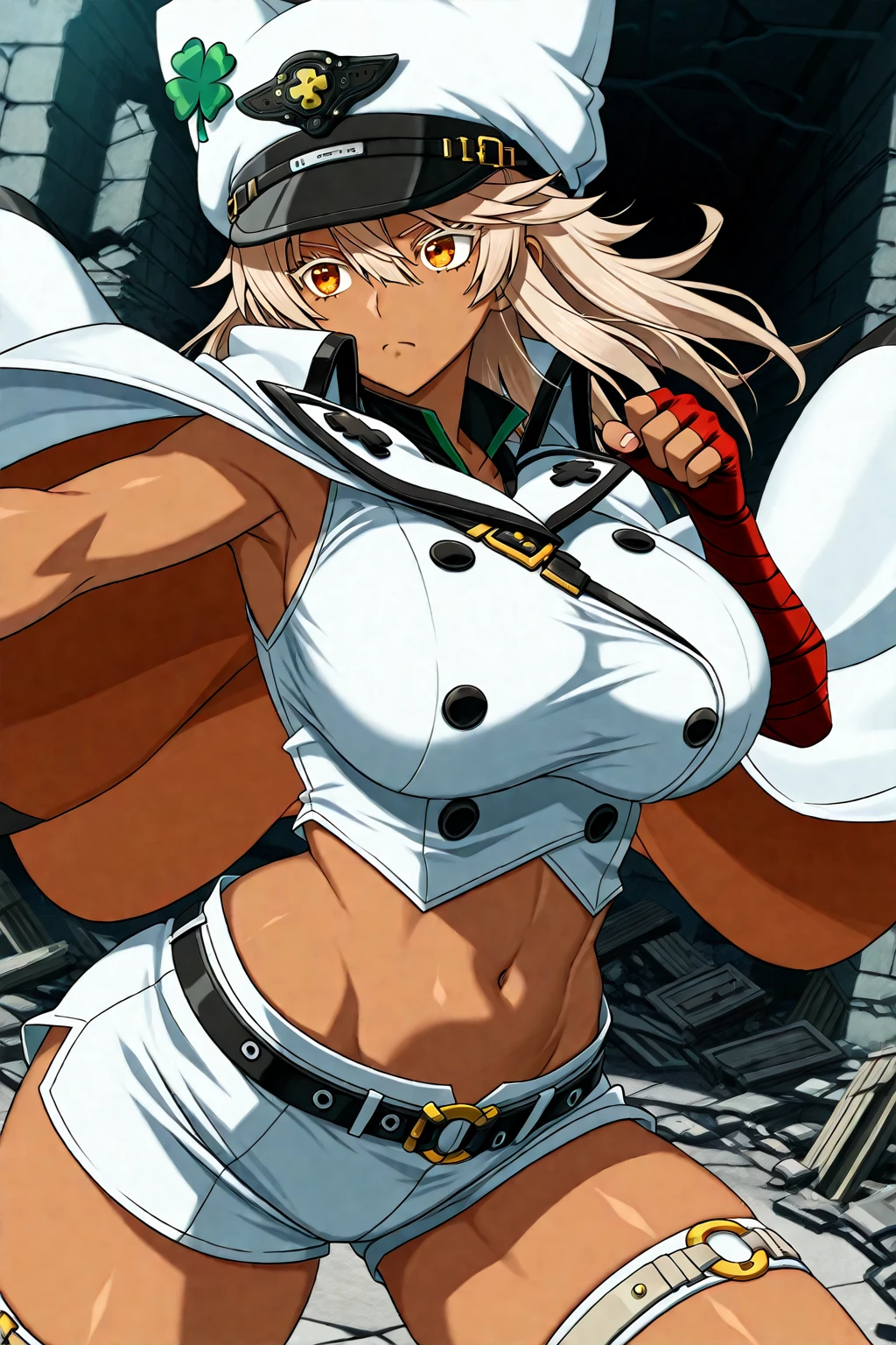 masterpiece, cowboy shot, 4K, Best Quality, Anime style: 1.9, best illustration, (official art, very warm colors), bold drawing lines, 1girl, cagalli, adult woman, tall woman, perfect proportions, ultra detailed head, ultra detailed body, big brown eyes, happy, blonde hair, ultra detailed streaks, official art, brown eyes, black bikini, black thong, smile, closed mouth, solo, looking at viewer, long belly, ultra detailed belly, medium breasts, cleavage, groin, standing, (simple white background only, simple white background only), black fingerless gloves, closed fists, strong arms