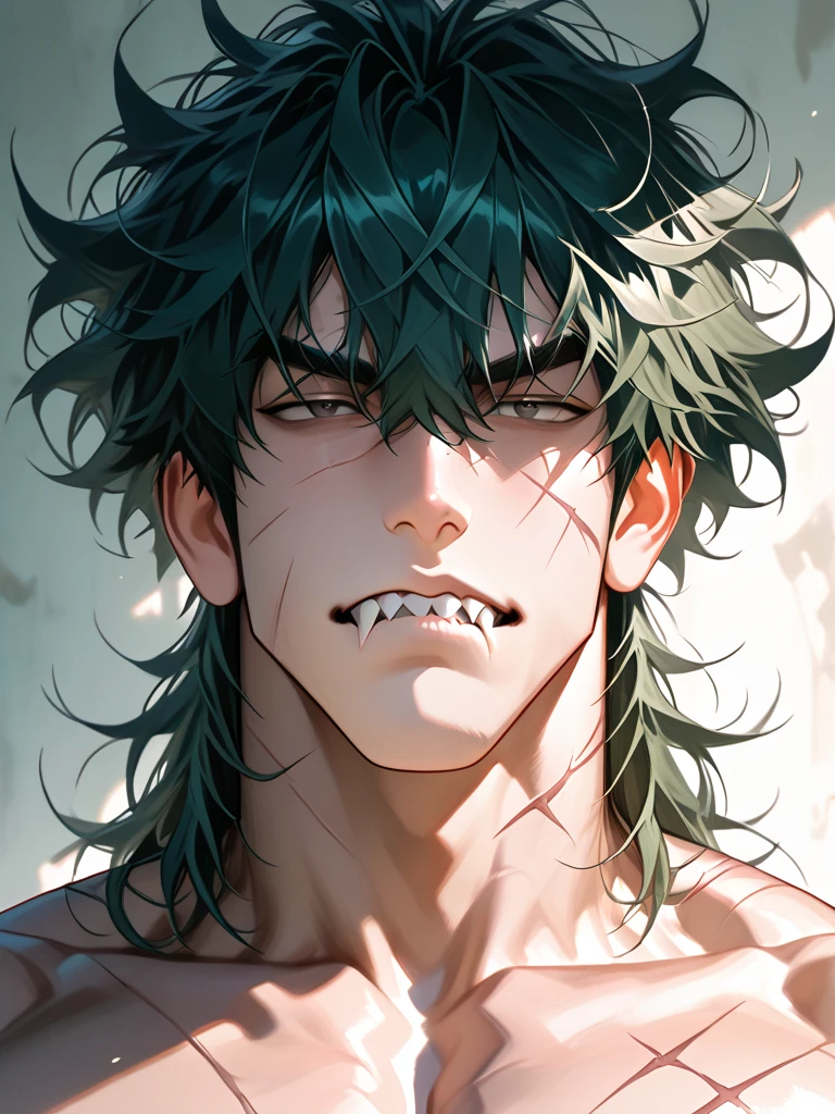 A boy, Red eyes , green hair, clear skin, one side of the face burned by hot water