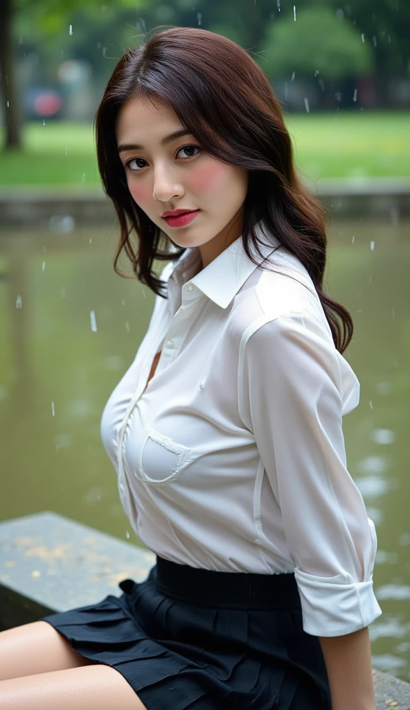 (Buttons that match the length of the shirt: 1.2), (Rain-soaked white shirt), (Unbuttoned shirt: 1.1), big, Deep valley, highest quality, masterpiece, figure, Very delicate and beautiful, Very detailed, CG, Unity, 8k wallpaper, wonderful, The finer details, Very detailedな CG Unity 8k 壁紙, ファイルサイズがbig, Very detailed, High resolution, Handsome detailed woman, Very detailedな目と顔, Stunning eye for detail, Face Light, (best figure: 1.1), (Best Shadow: 1.1), ultra High resolution, (Realistic: 1.1), (Realistic 1.2: 1.1), Realistic Face Proportions, slim, smile, (compensate: 0.4), (fluffy Iris: 1.21), Iris, Viewer&#39;s gaze, Dark brown hair, Bob Hair, Earrings, Cowboy Shot, (Irregular skin defects, vein, Wrinkles on the skin: pores: 1.2), (Dark Night Background: 1.2), (Bokeh: 1.4), shade, Outdoor