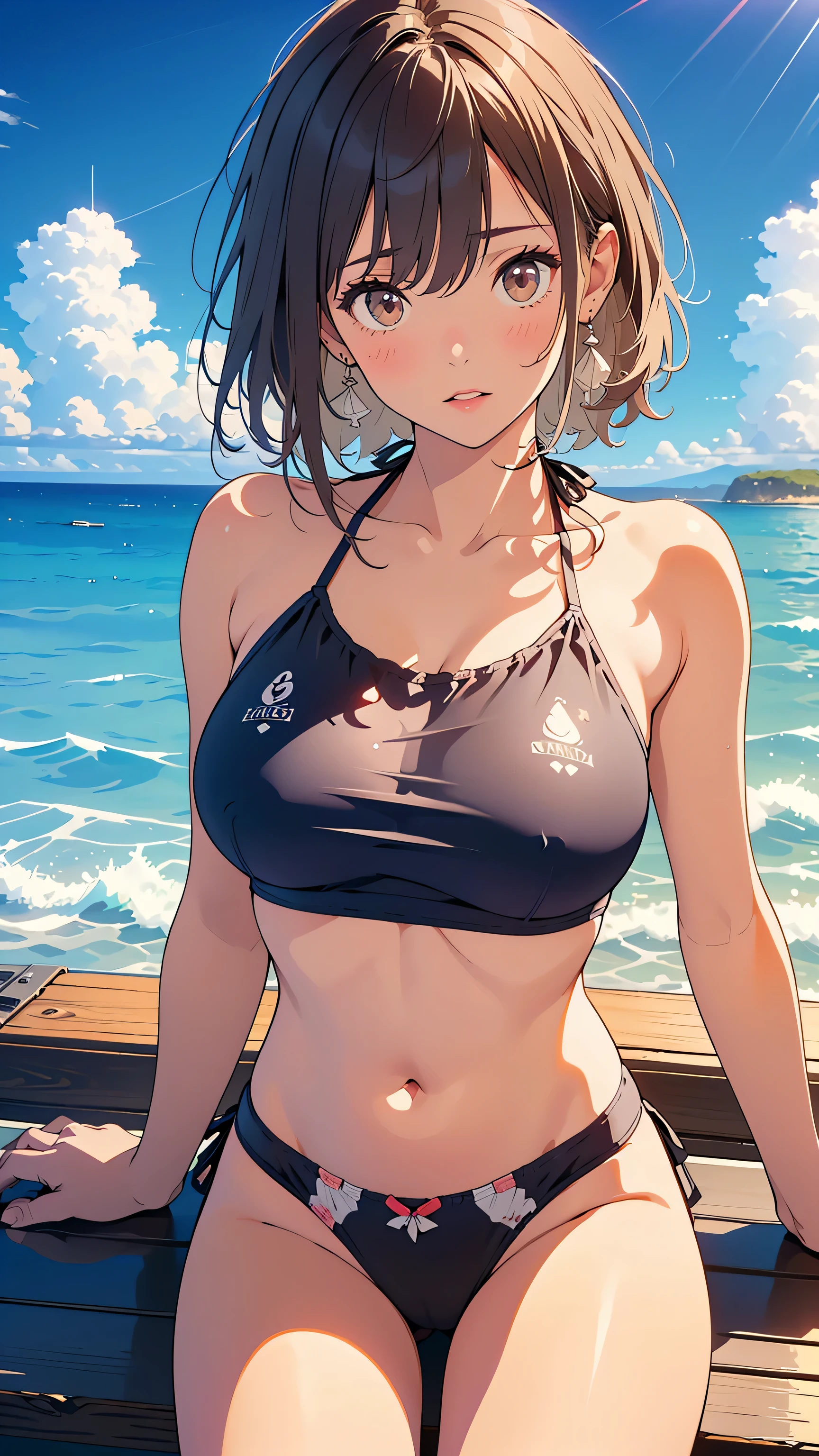 (8k, RAW Photos, Highest quality, masterpiece: 1.2), (Realistic: 1.37)、Photorealistic perfect body 、(solo:1.2), Beach, School Swimsuit .50mm lens、Beautiful blue sky
