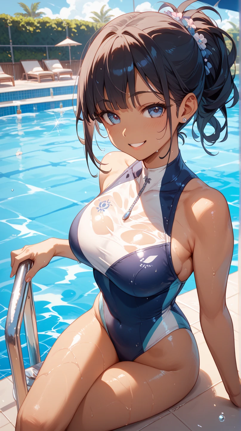 best quality, masterpiece, ultra high res, (photorealistic:1.4), RAW photo, Intricate details, ((Perfect Anatomy)), Big beautiful eyes, Perfect contours, masterpiece, One girl, Shortcuts, Medium chest, Olympic Swimmer, (one piece, turtleneck,No sleeve), Transparent and clear sapphire glass swimsuit, tight high leg swimsuit, ((Shooting from below, looking up:1.2)), Portrait, View your viewers, Outdoor swimming pool, Partially submerged, Wet Skin, Quiet Smile, (armpit)