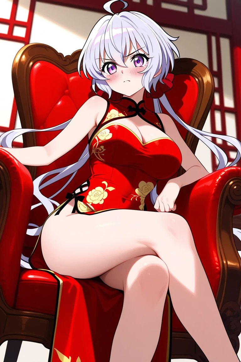 GDAAC, ChineseDressAegir, 1girl, solo, sitting, looking at viewer, spread legs, holding, red eyes, shoe dangle, covered nipples, parted lips, chair, mole on breast, white hair, yellow eyes