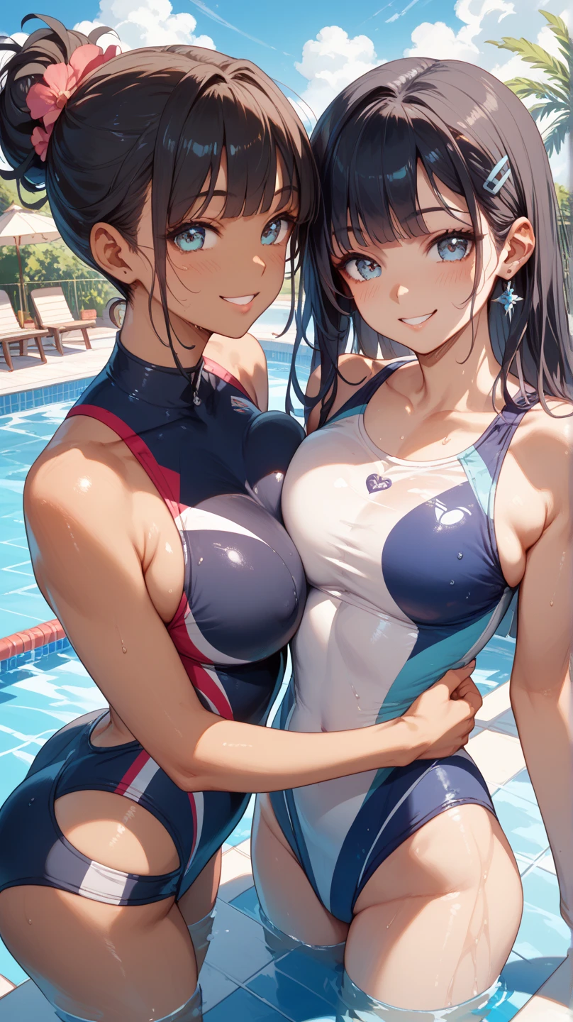 Her erect nipples are visible through her swimsuit、A beautiful high school girl with big breasts and black hair wearing a tight competitive swimsuit.
