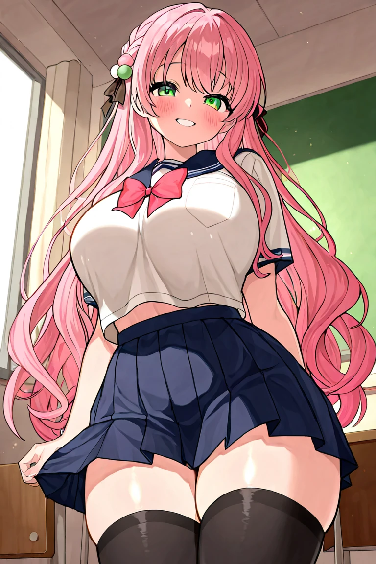Simori,Naughty big、large full breasts、  Short skirt, Standing, Beautiful eyes, Blue eyes, Happy, School uniform, 独奏、A smile,(Skirt lift:1.3), (Blue stripes々Panties:1.3)、(Skirt that rolls up:1.3)、(Fully exposed panties:1.5)