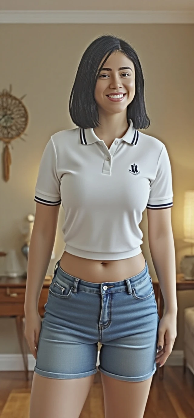 Photo of a 20 year old brunette woman. face facing the camera. ((The body is visible all the way up to the thighs)). (front look. Real life big mom. Stand straight facing the camera), head straight. looking at the camera. (full visible up to your thighs). que tiene una cara muy natural, labios finos, Ojos delgados, cejas finas, nariz delgada, Pendientes, long eyeslashes. (t-shirt and skirt). (very long hair down to the thighs). Perfect breast. Ponytail.