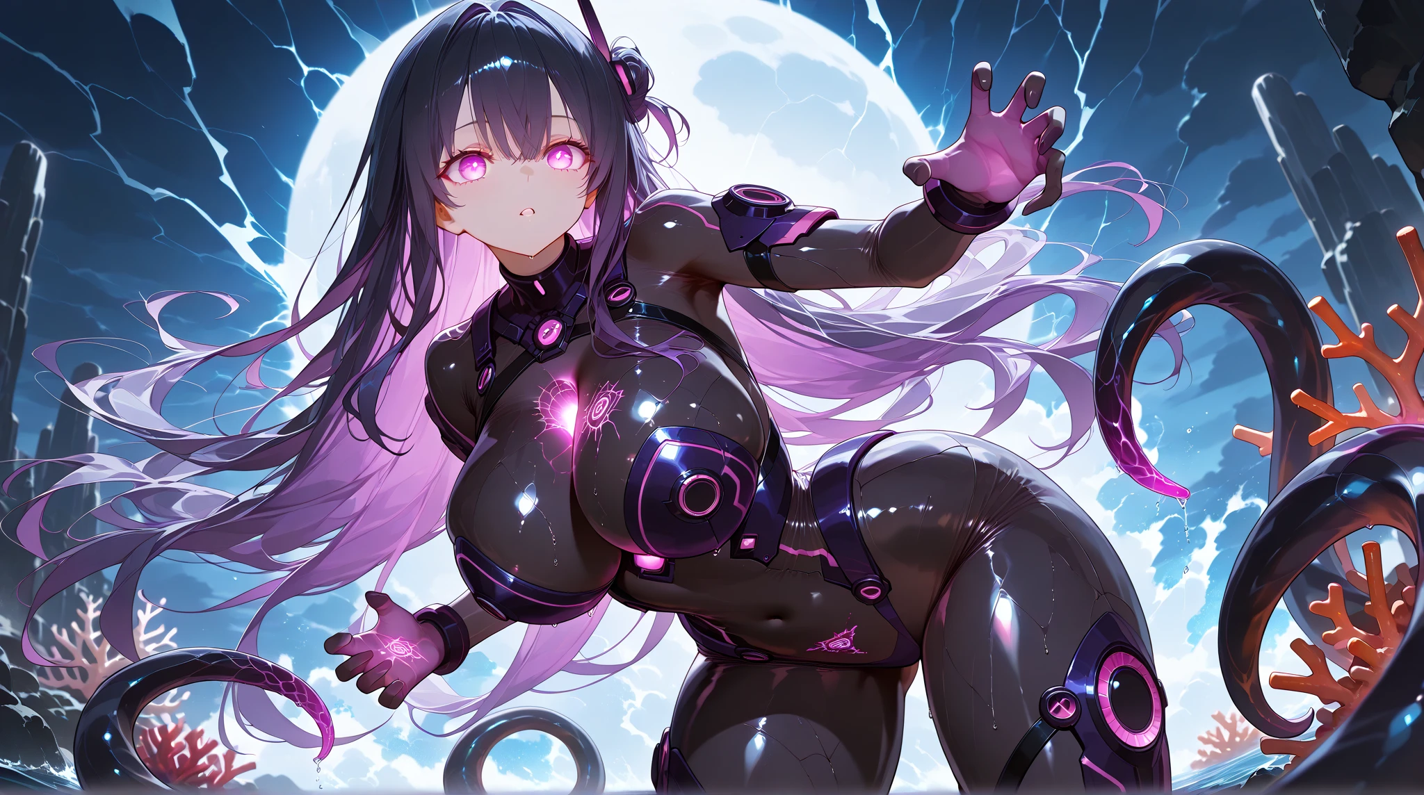 Breasts being sucked by a machine with tentacles in the background