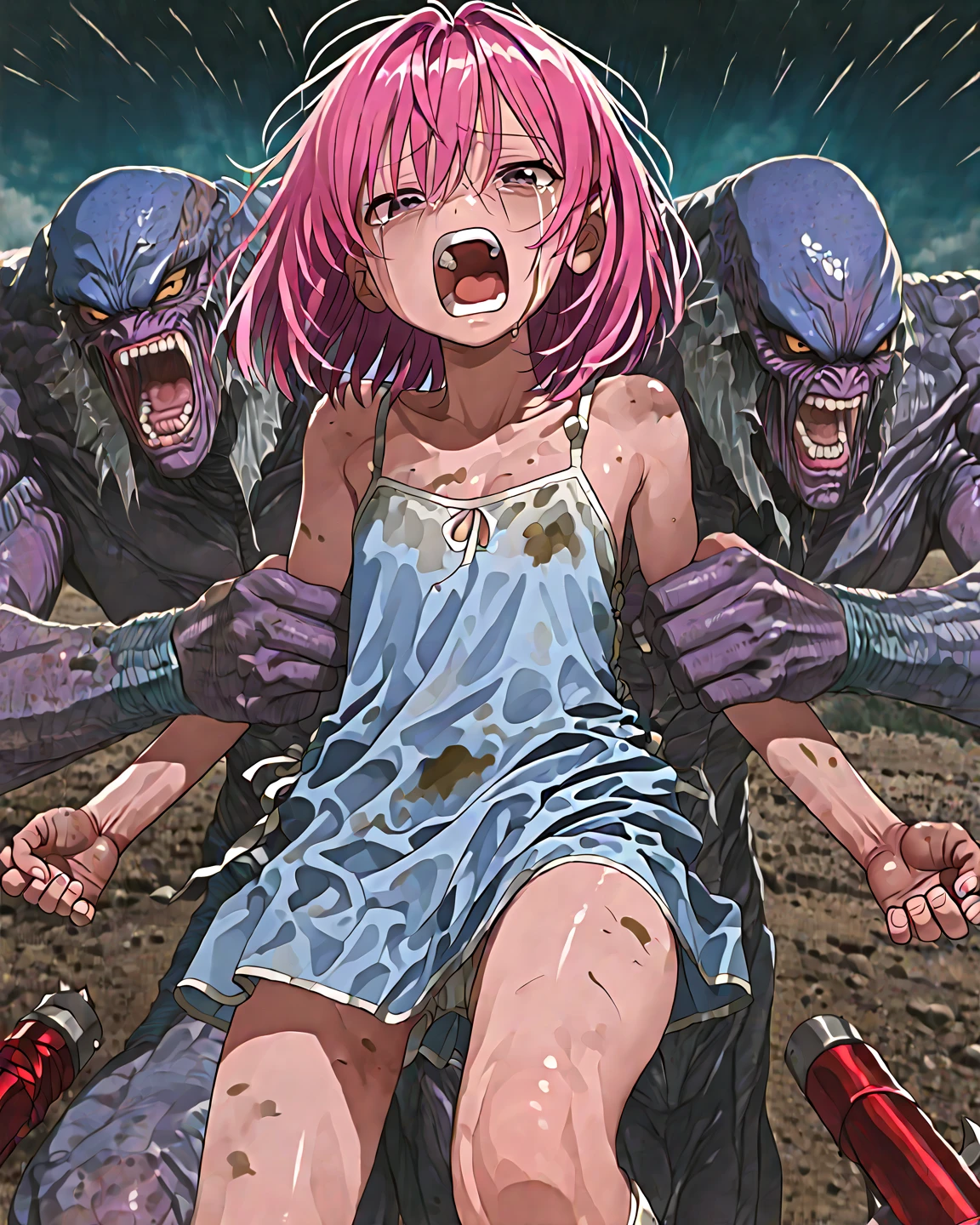 score_9, score_8_up, score_7_up, source_anime, sakimiya iruka, red hair, green eyes, one side up, medium hair, green scrunchie, hair ornament, shiny skin, rating_explicit, (large breasts:1.2), large ass, nude, collar, handcuffs, wide-eyed, empty eyes, crying,(tears:1.3),(sweat, steam on body, heavy breathing:1.2), (trembling:1.6), drooling, saliva, pussy juice, Squirting, leaning forward, hanging legs,(after rape, after sex, after fellatio:1.3), 1man, man standing, size difference,(orc, huge penis, huge testicles:1.5),(cum on body, excessive cum, cumdrip, cumdump, cum overflow, cum pool:1.5), (cum in mouth, facial, cum on hair, cum string), (grabbing another's ass:1.2), sex slave, prison cell