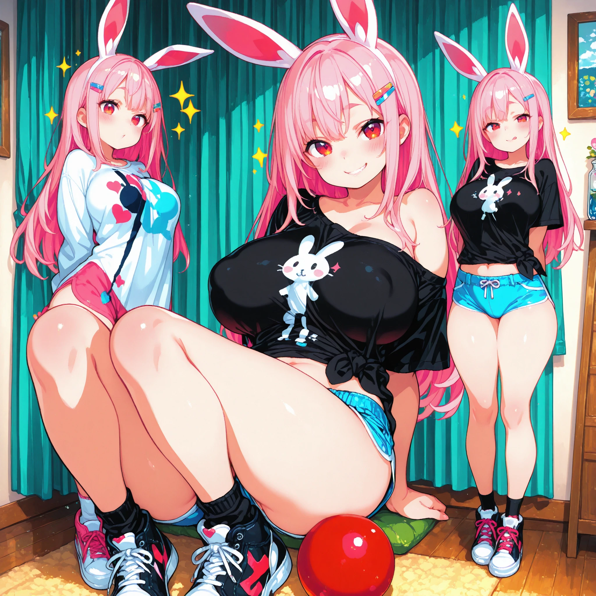 youthful face round glasses Farbe々coiffure Three girls,twin-tail,braids,,Bangs are lined up,a little chubby,soft,flexible,short in stature,Camisa Kuikomi,a bed,smiling,The room is lit,Colossal ,tight shirt