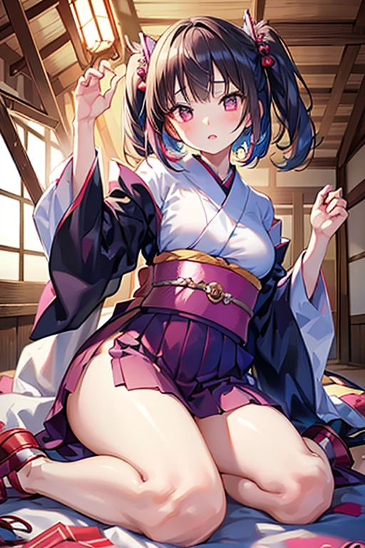 kimono ((pubic hair)) ((Emphasize the crotch)) lower body naked (squatting) Hands on crotch, excited face, high quality, erotic, showing shoulders, hands on pussy, spreading urethra, girl with emphasis on pussy, big tits, looking at lower body from below