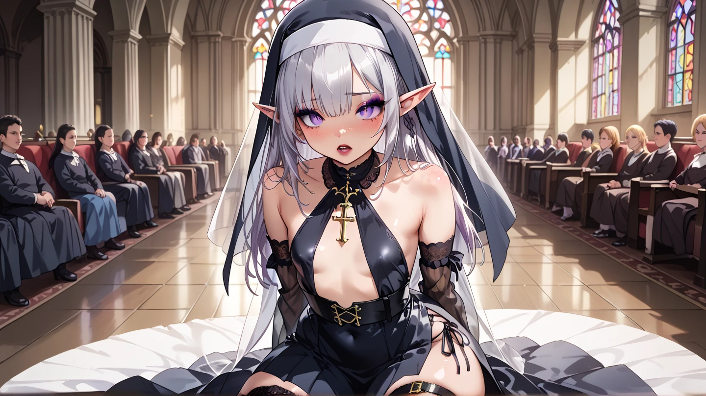topless, exposed breasts, masterpiece, best quality, erect nipples, white hair, half opened eyes, light blue eyes, close-up, praying, smile, small breasts, thongs, stained glass, altar, bokeh, church interior, sleeveless, navel, full bangs, choker, thighs, sparkling, pool, black sarong, belly dancer clothes, gold headdress, veil, harem outfit, mouth veil, 1 side braid, nun veil, night, gold armband, black gloves, gold thigh strap, bare stomach, red loincloth, kneeling, candles, large nipples, child, petite body, squint eyes, calm face