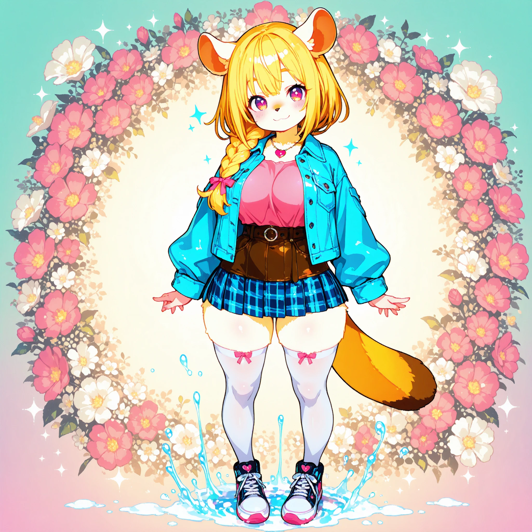 Cartoon:1.5, ceres fauna_(vtuber):1.5 wearing plaid blazer, turtleneck sweater, and straight-leg pants, solo, mobian renamon, furry, fluffy fur texture, medium breasts, ((covered in tattoos, tattoo, leg tattoo, arm tattoo, pubic tattoo, belly tattoo, face tattoo)) fangs, smiling, looking at viewer, in farm <lora:all vtubers hll3.1:1>