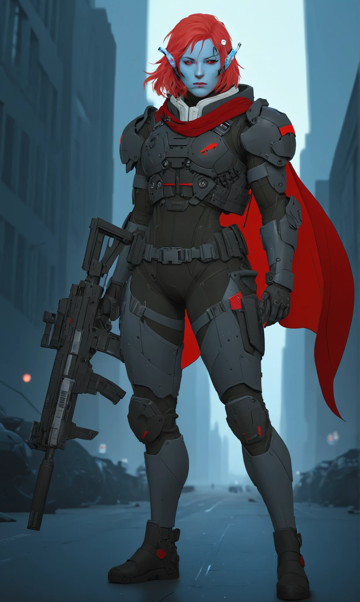 there is a woman with a gun standing in a city, clothed in stealth armor, inspired by Victor Mosquera, clothed in sci-fi military armor, dressed in tactical armor, fantasy art of doom slayer, sci-fi soldier, futuristic soldier, stealth suit, dystopian bounty hunter, cyberpunk soldier, wearing techwear and armor, jin - roh