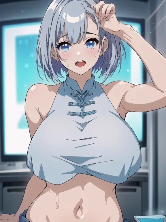 masterpiece, best quality, 1girl, empty eyes, utsurome, hot white crop top, busty, smile