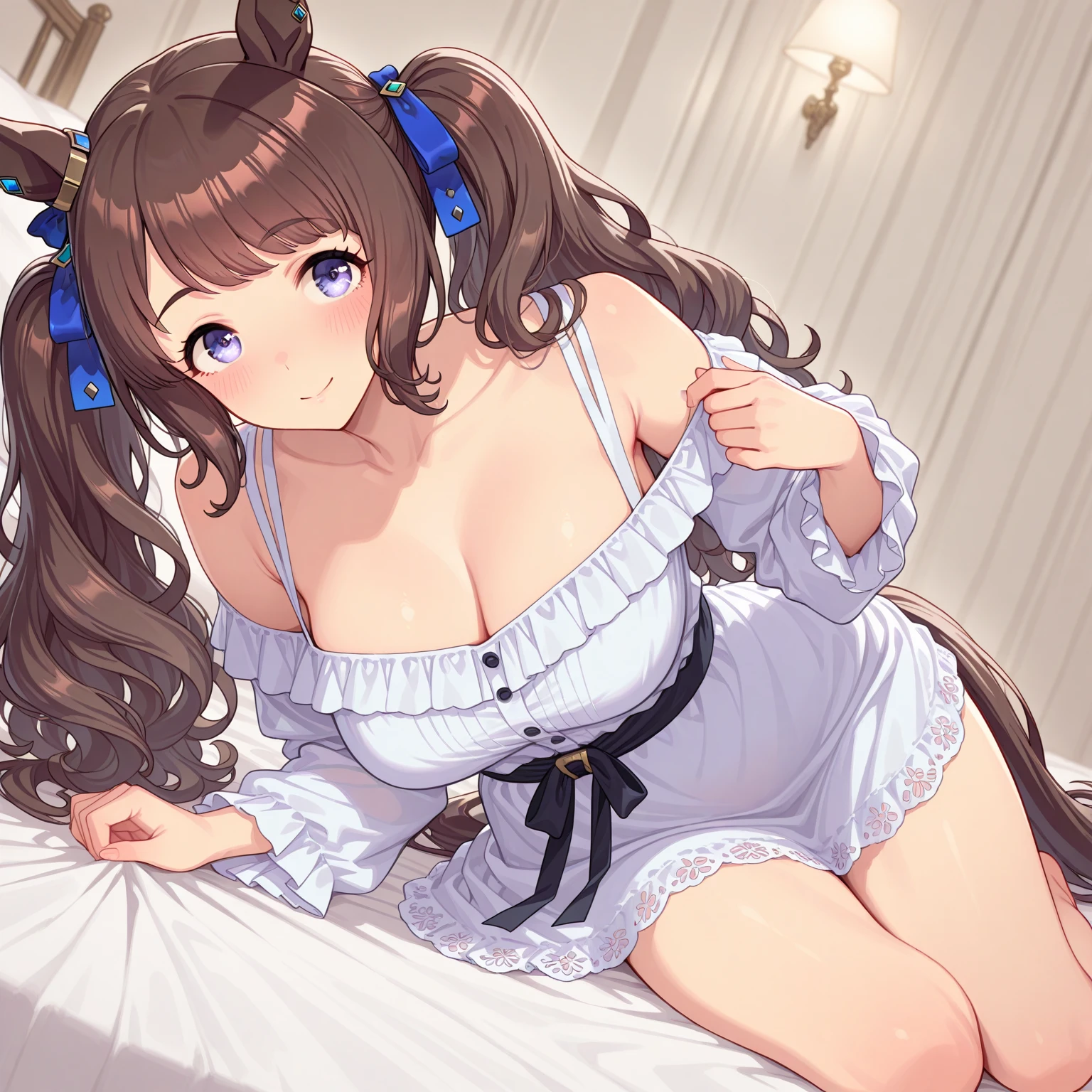 masterpiece, best quality, very aesthetic, absurdres, 8k, 16k, highres, super fine illustration, blurry background, depth of field, natural light, soft lighting, perfect fingers, nice hands, perfect hands, good hands, BREAK 1girl, solo, long_hair, looking_at_viewer, brown_hair, bare_shoulders, large breasts, brown_eyes, underwear, bra, lips, hair ribbon, window, strap_slip, overalls, lying, on side, from above,
