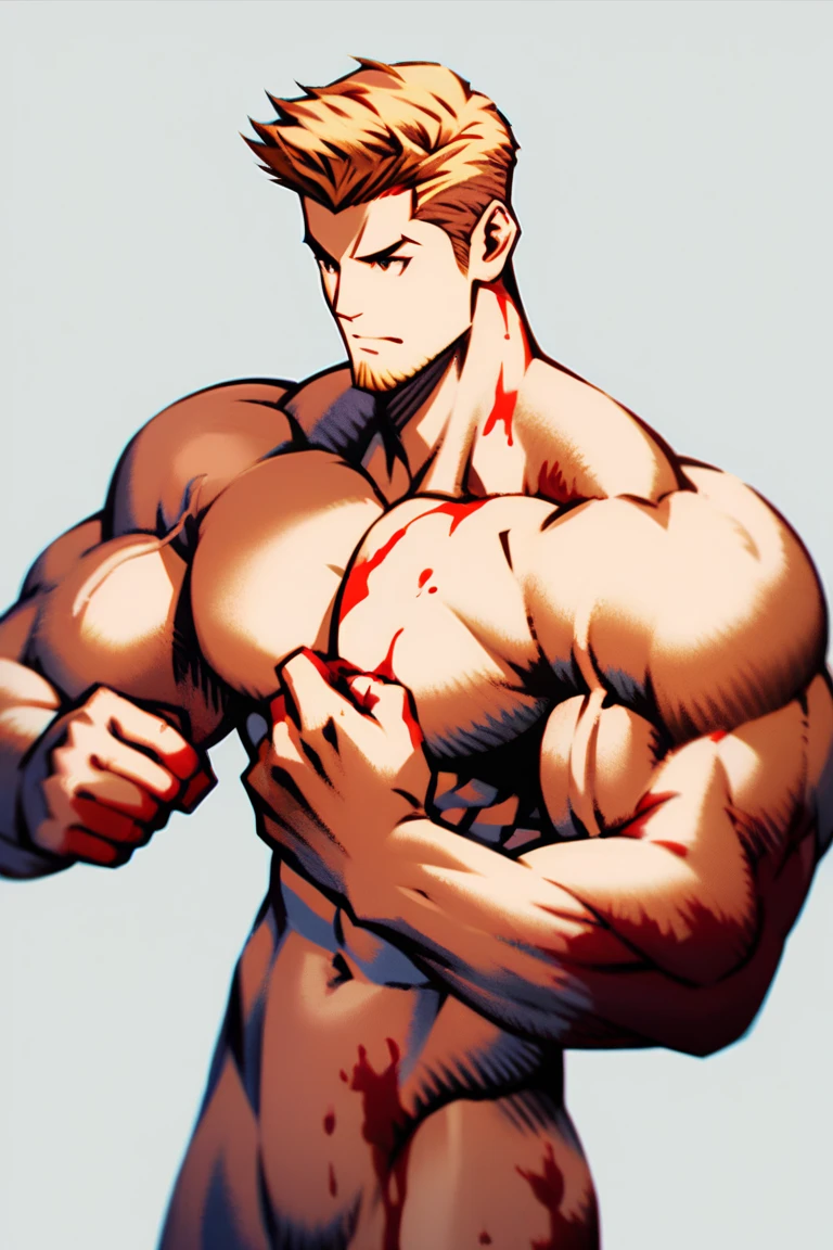 3D Photorealistic, Masterpiece realistic, best high quality, perfect details, RAW Photo, intricate details, nice lighting, 4K, detailed background, In the championship boxing match, muscular men fighting, intense and powerful fight, bodily fluid (bodily fluid:1.8), bloody body (bloody body:1.9), bruised body (bruised body:1.9), look at viewer (look at viewer:1.5), correct anatomy, correct full body anatomy, nice eye, damaged abs (damaged abs:1.9), decrease arms size (decrease arms size:1.2)