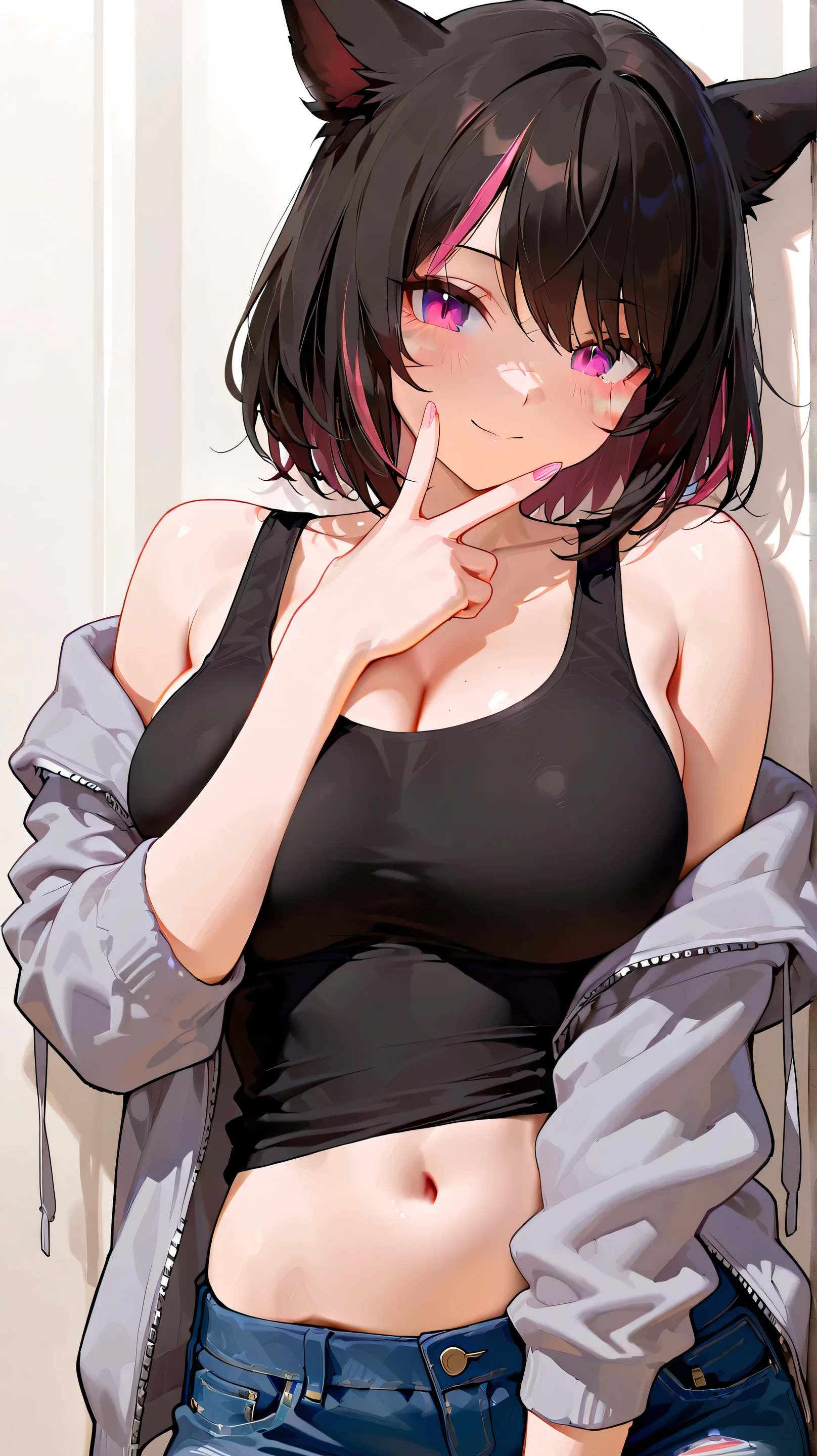{lady with shoulder-length black hair named Rico}, business suits,tall,'', (It feels like saying Hello, daytime hours), indoor,{going out style}, ((Heart-shaped choker) ), (office room), Bright background,purple eyes, Mole under the eye, Heart-shaped choker, ((Masterpiece)), Highly detailed CG Unity 8k wallpaper), Top quality,, Detailed background, beautifully detailed eyes, heart shaped pupils,hollow eyes, looking at viewer,(very delicate and beautiful)), ((beautiful) eyes (detailed description),extra large breasts, browse,shirts,floating heart,brainwashed,sadistic smile,try to show me breasts and bra