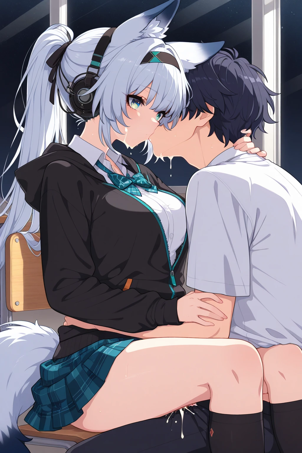 twin short braids, Blue and yellow gradation hair, Blue eyes, 1 girl, orgasm, glasses, demon tail, medium breasts, nude, nsfw, pussy juice, (sex:1.6), standing, from side