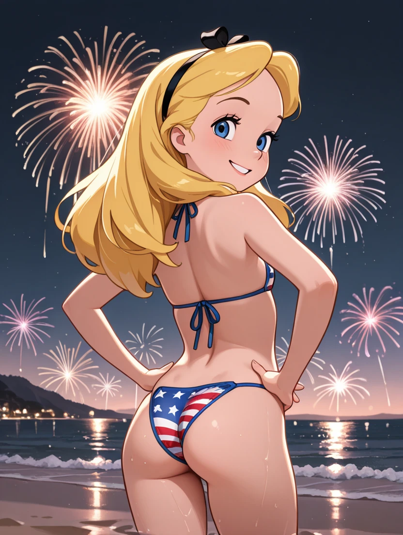 アニメ,アニメ style,high resolution、high quality、masterpiece、4K,8K,(bikini,large,breasts),(((Hyuuga miki,Final Romance, Long hair, Blonde hair,((Brown skin)),purple eyes)),happy smile),(beach、firework、Night view、crowd、looking at viewer:1.4)