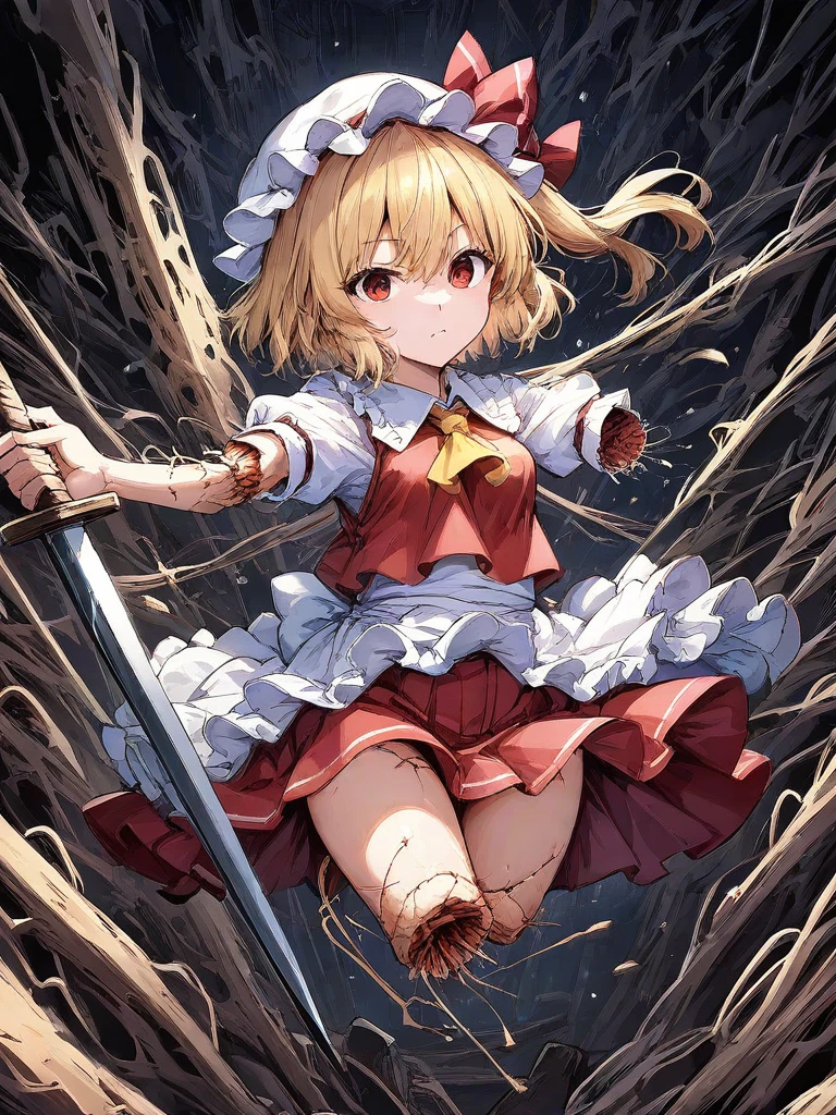 tohru in a maid dress holding a sword in front of a cloudy sky with clouds in the background, perfil, looking the horizon, ((holding a sword)), perfil