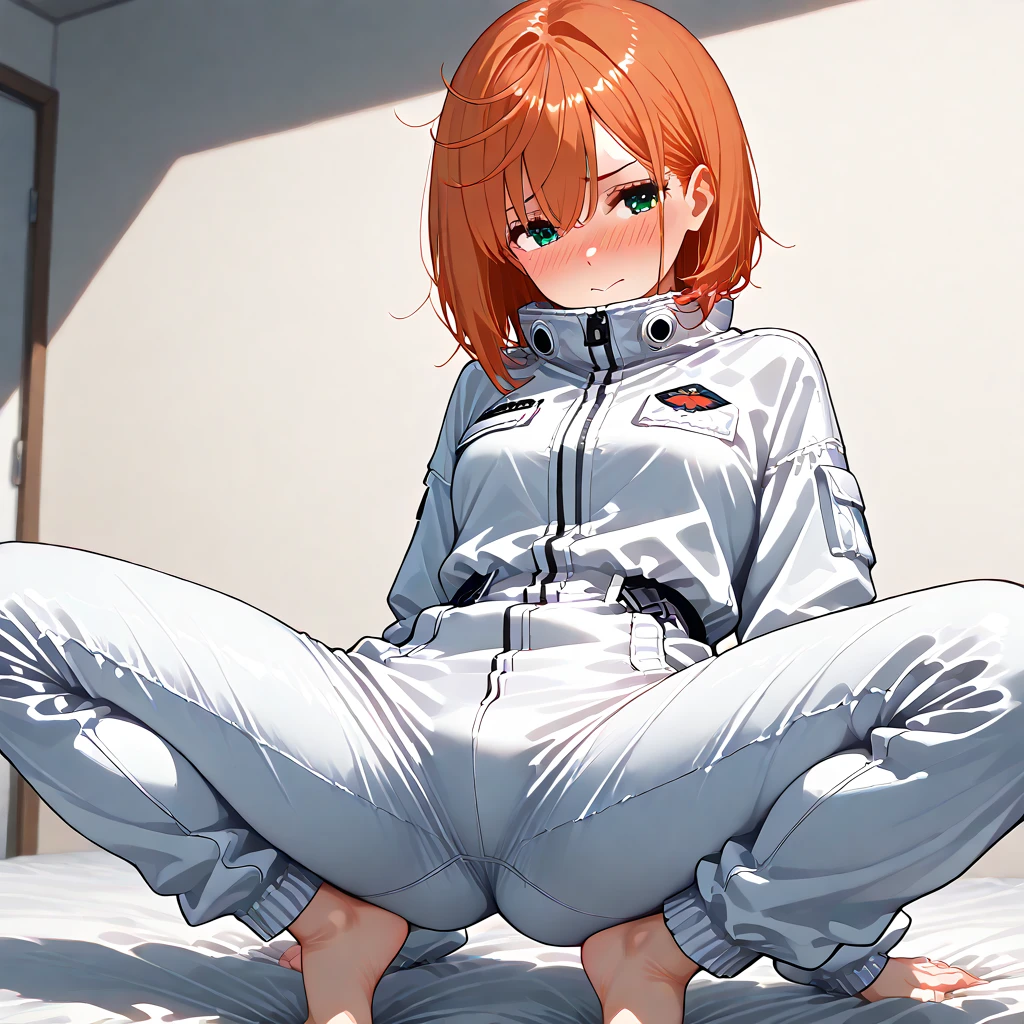 1girls, solo, wattson, masterpiece, highly detailed, blue eyes, detailed eyes, expressive detailed eyes, wide eyed, detailed pupils, blonde hair, short hair, orange jacket, jacket, white shirt, orange top, orange skinsuit, white pants, blush, plain background <lora:wattsonApexLegends_v20:0.65>