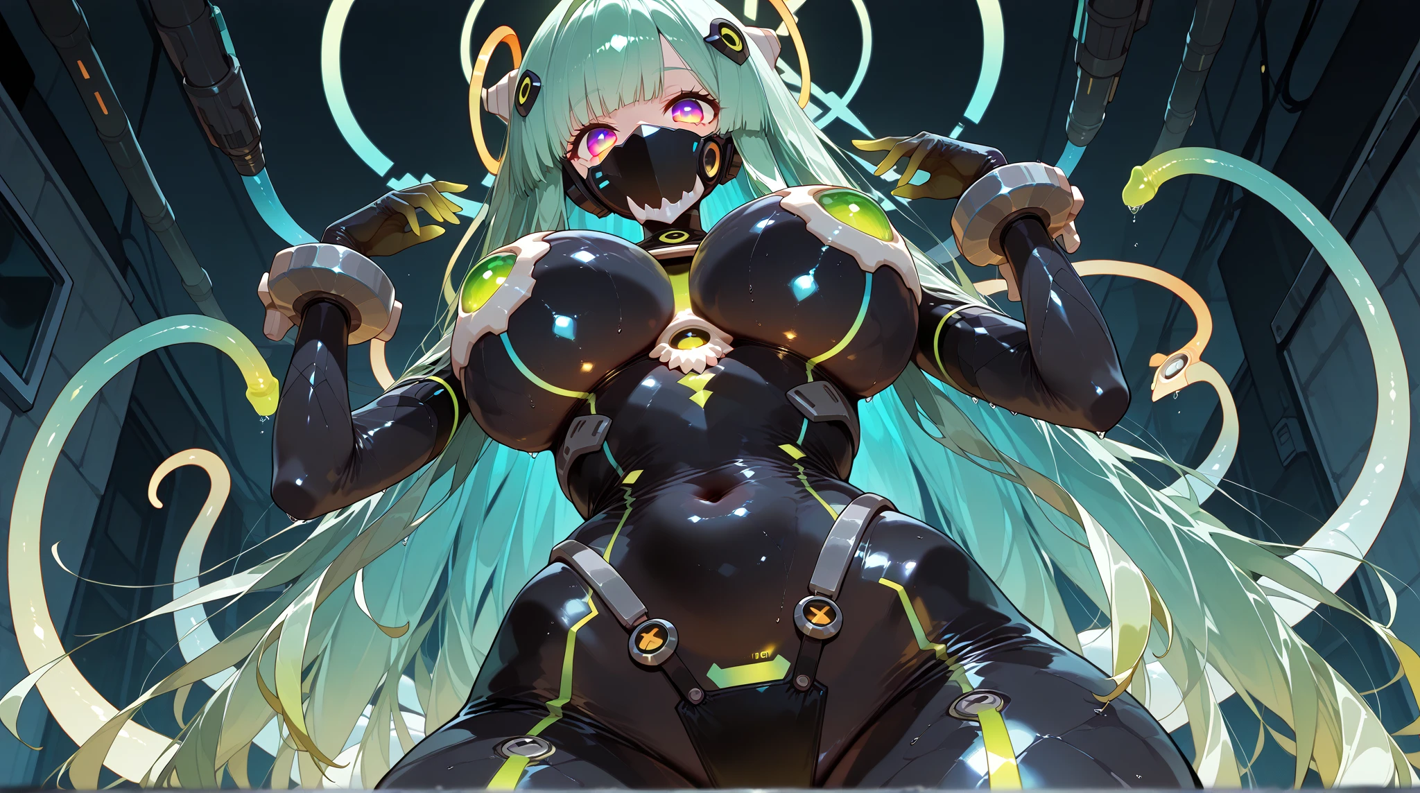 Sailor Neptune of the Fallen. female solo. Aqua color hair. Brainwashed eyes. A black mask that hides the eyes. Evil costume. nefarious smirk. Latex Costume. Full Body Stockings. Futuristic machine background.