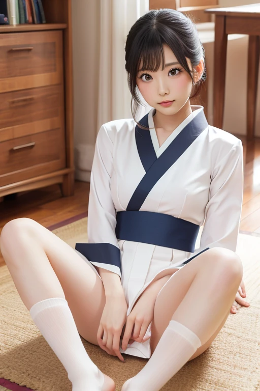 ((short dark blue socks)) Put your hands on your knees ((Brown loafers)a blond、((White wet panties visible))(Squatting panty shots)二重まぶた Lashes beatiful detailed eyes、ultra-detailliert、hight resolution、Transcendent beauty top-quality、masterpiece、、(Japanese girls' high school uniform))、Very detailed expression school classrooms Highly detailed appearance 21 year old girl、front facing、((dynamicposes)))、(Sitting on legs with bent knees))、pleatedskirt、Ribbon 1,2 sexy smiles Transcendental Low Angle,Normal limbs