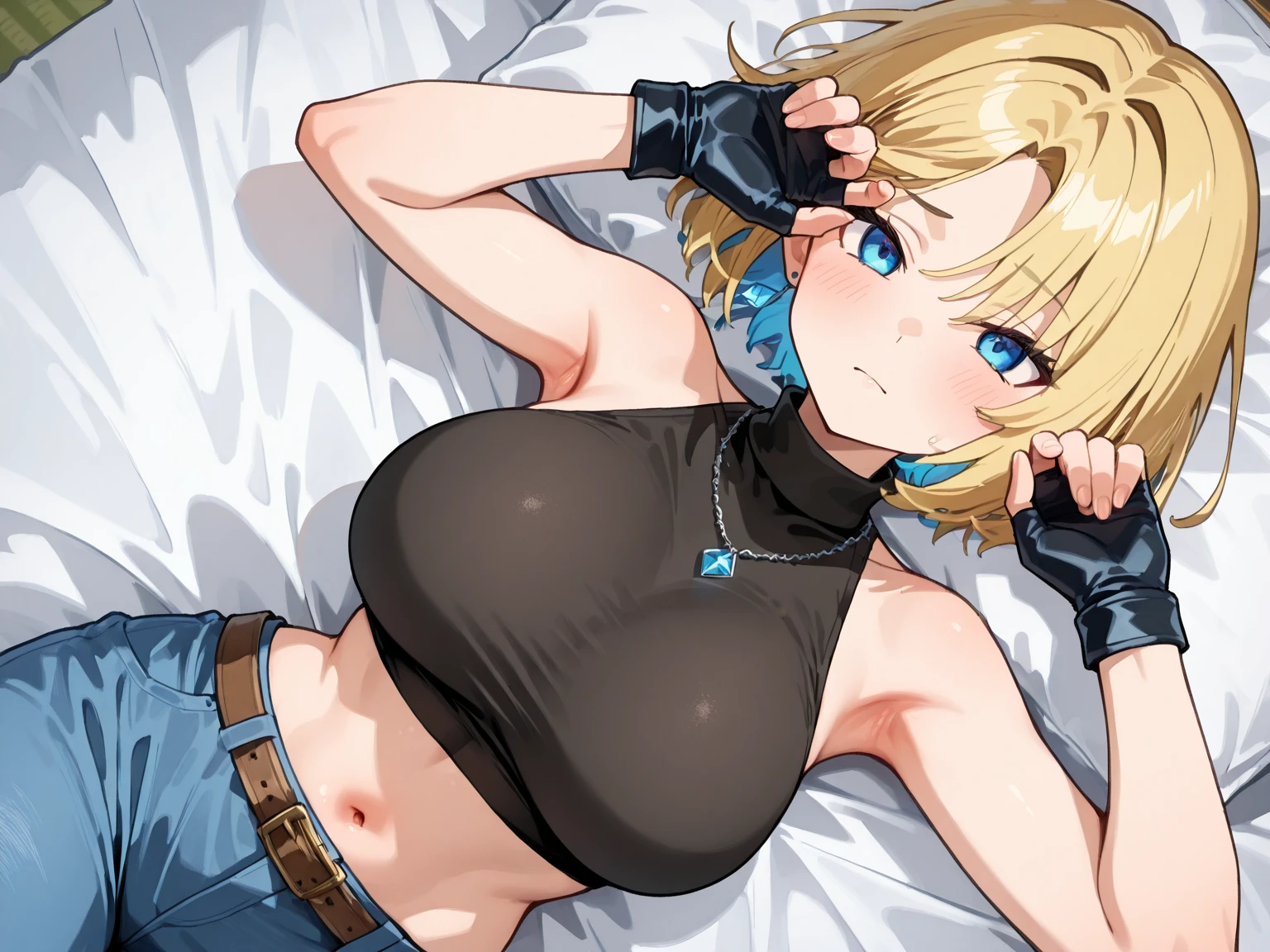 score_9, score_8_up, score_7_up, source_anime, solo, 1girl, berserk, farnese, blush, shy, looking at viewer, arms behind back, blonde hair, hair over one eye, blue eyes, white gloves, sexy, humongous breasts, large breasts, boob window, hellsing, indoors, Boob window, breast eindow, rating:safe, on bed, laying in bed, top view, birds eye view, nipple pasties, fishnet bra, shirtless