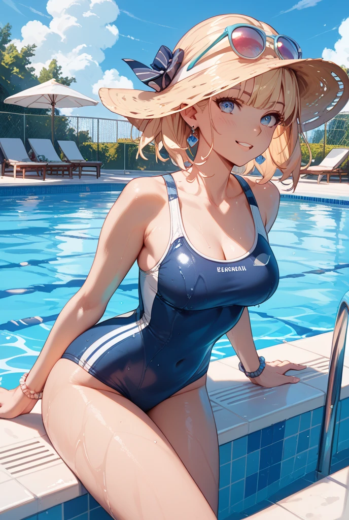 high quality、最high quality、Ultra-high resolution、Slender beauty、School Swimsuit、Gray Hair、Blonde Short Hair、Embarrassed look、Droopy eyes、Poolside