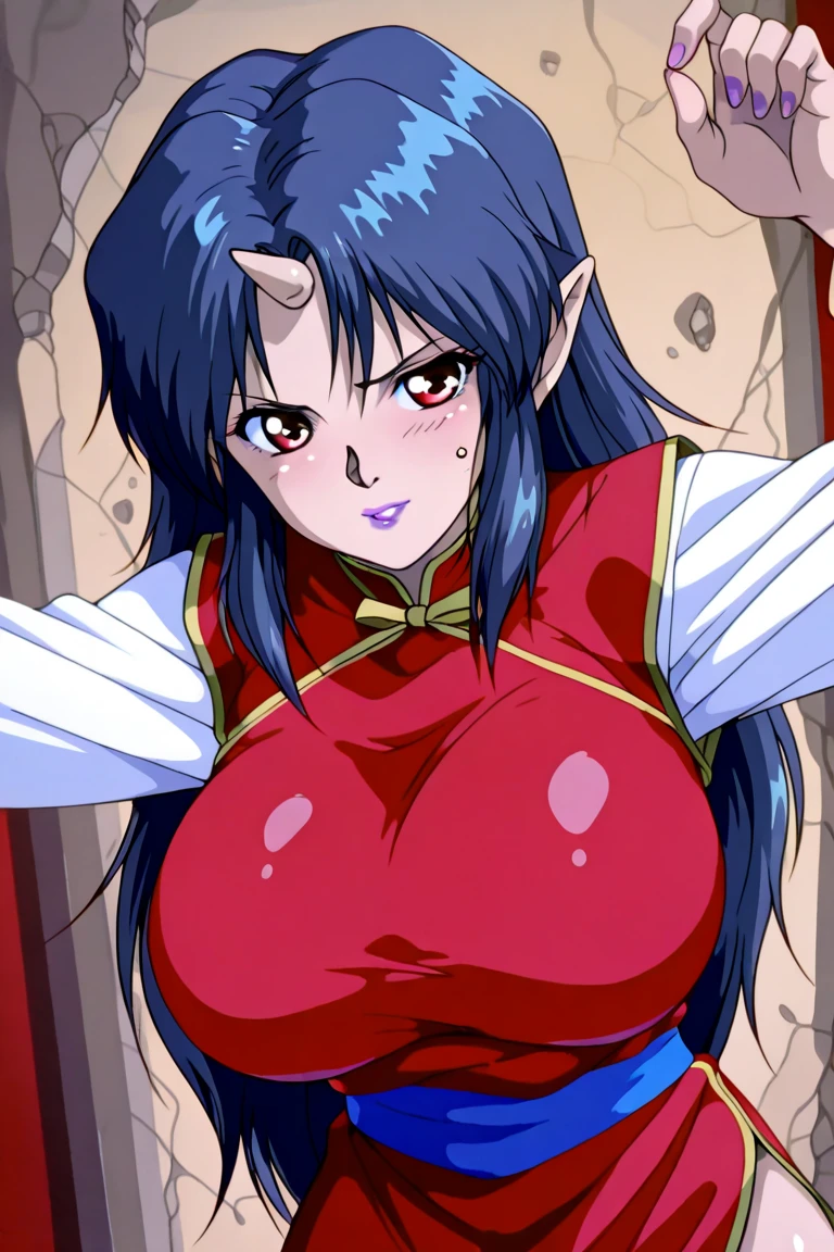 Watercolour, 1980s anime, latina, female elf, mature face, lipstick, black eyeliner, pelvic curtain, thighhighs, skindentation, curvy, cleavage_cutout, sleeveless, dominant, standing, looking at viewer, brown hair, brown eyes