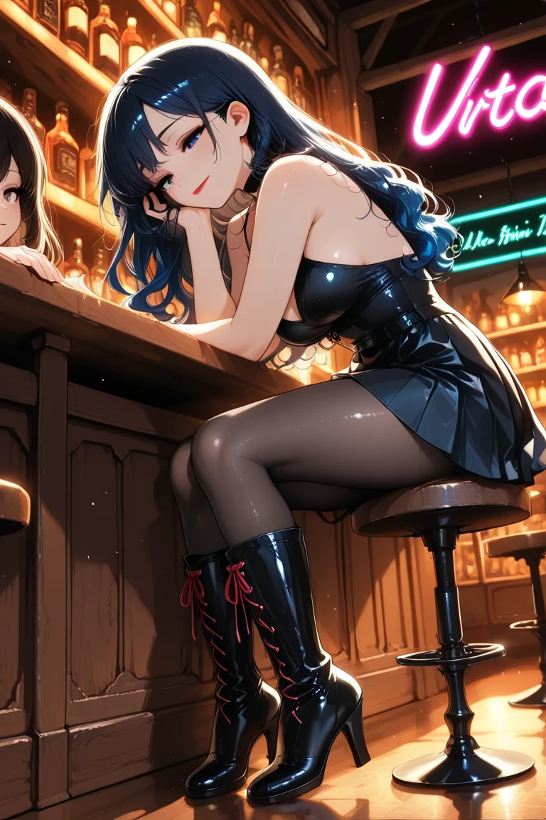 best quality, 4K, high resolution, masterpiece:1.2, Extremely detailed），Sad expression looking at the camera，Large Breasts,30 years old girl,独奏,black hair,long hair,blue eyes,(drunk,blush),sitting,drinking,((Mature sexy body))，Black stockings，Black tight skirt, Mature sexy body,holding mug,counter,pub,(Fashion bar) indoors, ((Cocktail Glass) Full of colorful wine), (dimly light room), Wine Bottle, Detailed background，Fluffy hair，((((Night scene background))))), (((at the bar))), wine, whiskey, High ball,(Shiny and glowing, Effect:1.2)