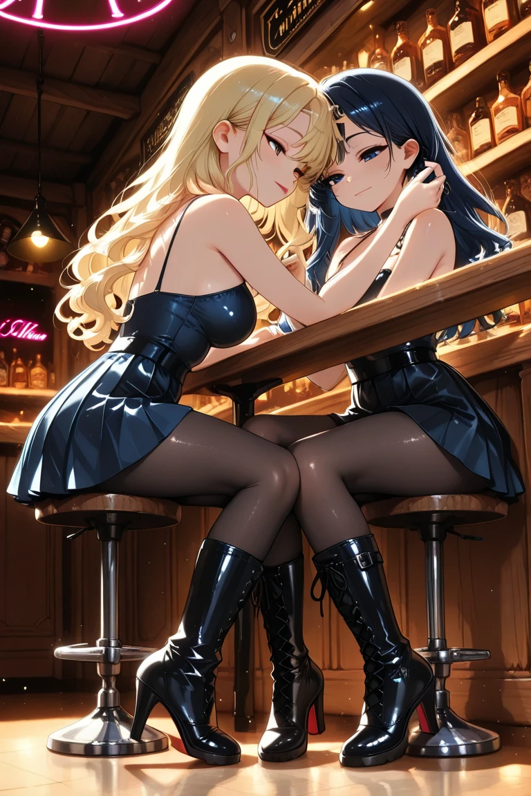 (masterpiece, best quality), best resolution, (2heads:1.5), 1girl, brown hair, blonde hair, blue eyes, flirty, seductive, sexy woman, huge breasts and thighs, black unitard, jewel thief, night background