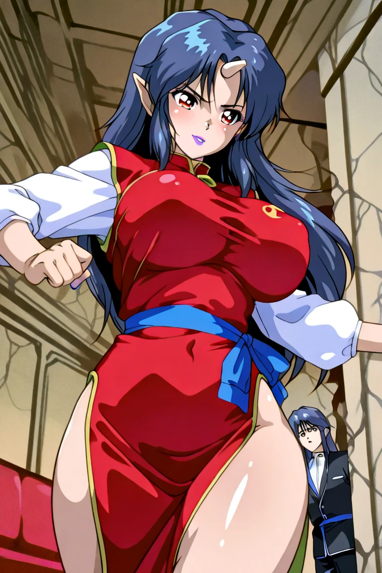 masterpiece, best quality, 1girl, Kagome Higurashi, Kagome Higurashi as a Samurai Geisha, long black hair, brown eyes, 2, Japanese mature female, matured face, big breasts, cleavage, she's looking directly at the camera with a (fierce, dangerous, seductive) gaze. She stands tall while donning the formidable gold and red armour plated traditional armor of a samurai. Holding traditional samurai katana sword. Her gaze is both alluring and fierce, as she holds the sword with a delicate yet deadly grip.