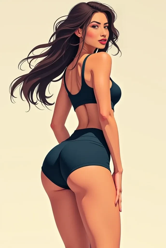 Please draw me an Asian girl. is pole dancing and wearing tight clothes (shorts) showing off her very big and very very big butt she is posing sexy with her ass