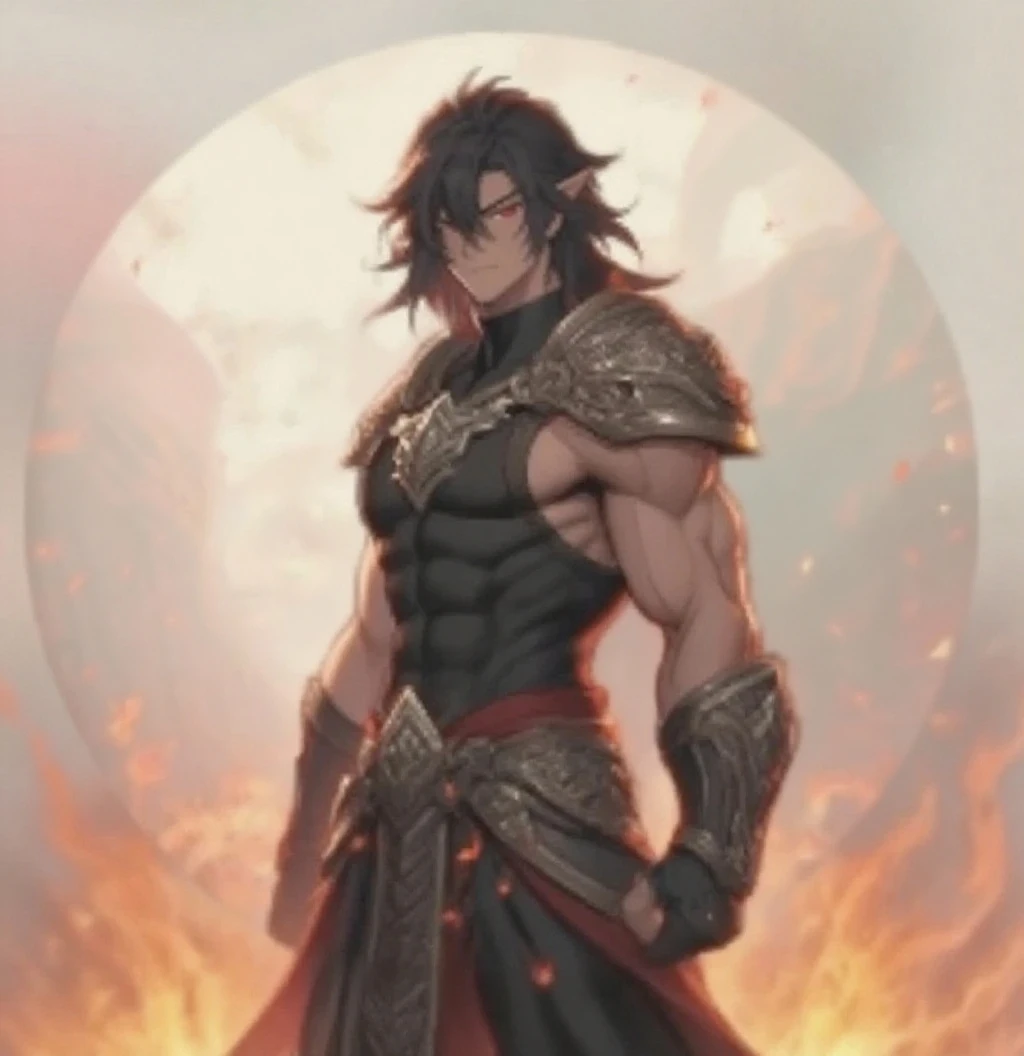 Aladdin, 20 years, cabello corto negro dorado oscuro, cabello corto desordenado, ojos marrones oscuro, ropa de djinn, chaleco abierto sin mangas plata claro, light silver vest with blue Arabic print, light red arabic pants, Golden Belt, pulsera djinn con gemas plateadas , botas marrones, tatuajes morados fosforescentes, rodeado de fuego y humo morado, muscular build of the delegate, manos atadas con cadenas y pies rodeados de cadenas blancas, purple magic circles in each hand on a background of arabic ruins.