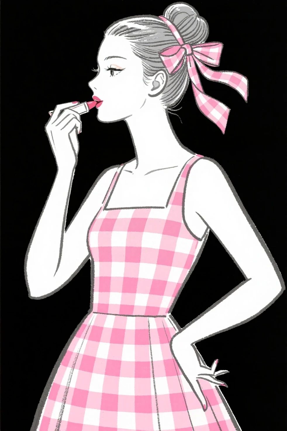 Neon pink female outline eating a lollipop with hair clipper in hand