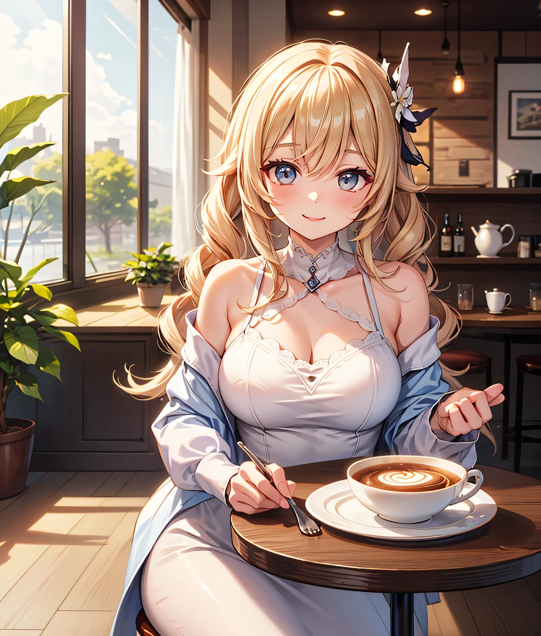 Beautiful adult girl making coffee in cafe, hot girl, intricate details, 8k, image clicked by professional camera, cinematic lighting, big breast, massive breast