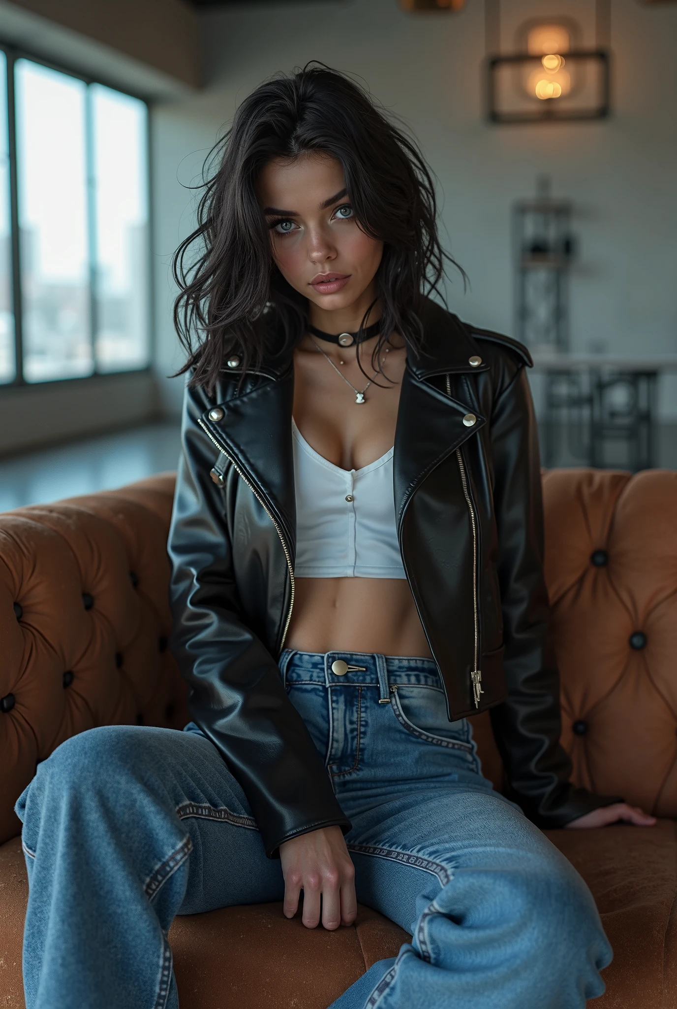 a gorgeous woman, wavy brown hair in the wind,subtle smile and flirts with the camera, (she wears crop denim moto jacket, casual ribbed tanktop and leather pants with big belt:1.2), ((sunset:1.3)), (perfect brown eyes:1.21), perfect hands, perfect body, perfect hair, perfect breast, hair behind ear, happy attitude, UHD, retina, masterpiece, accurate, anatomically correct, textured skin, super detail, cameltoe, sitting with legs spread, longing gazing hungry sexy facial expression, arms behind back, hands not visible