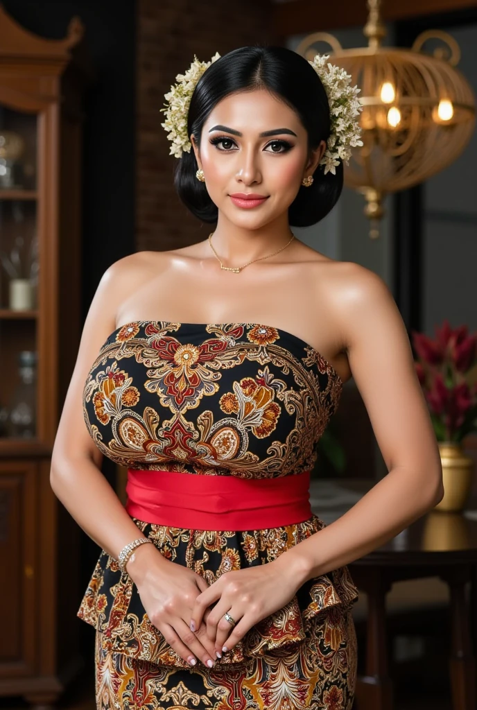 1 Indonesian-belgium girl, 18 years old, updo hairstyle, red cupper hair colour, fit body, big breast, cleavage, skintight purple lace kebaya, batik long skirt, masterpiece, highly detailed, ultra hd, 8k, detailed face, bright eyes, perfect eyes, detailed skin texture, detailed lips, sexy lips, perfect hands, dynamic angle, cowboy shot, background: balinese temple