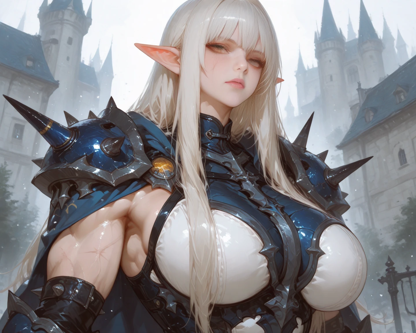 (best quality:1.0), (ultra highres:1.0), (detailed photographic beautiful dark elf girl:1.3), (curvy), platinum white hair, grey eyes, white plate armor, detailed dark body skin, dynamic angle, (grey body skin color:1.3), fantasy, medieval village on the background