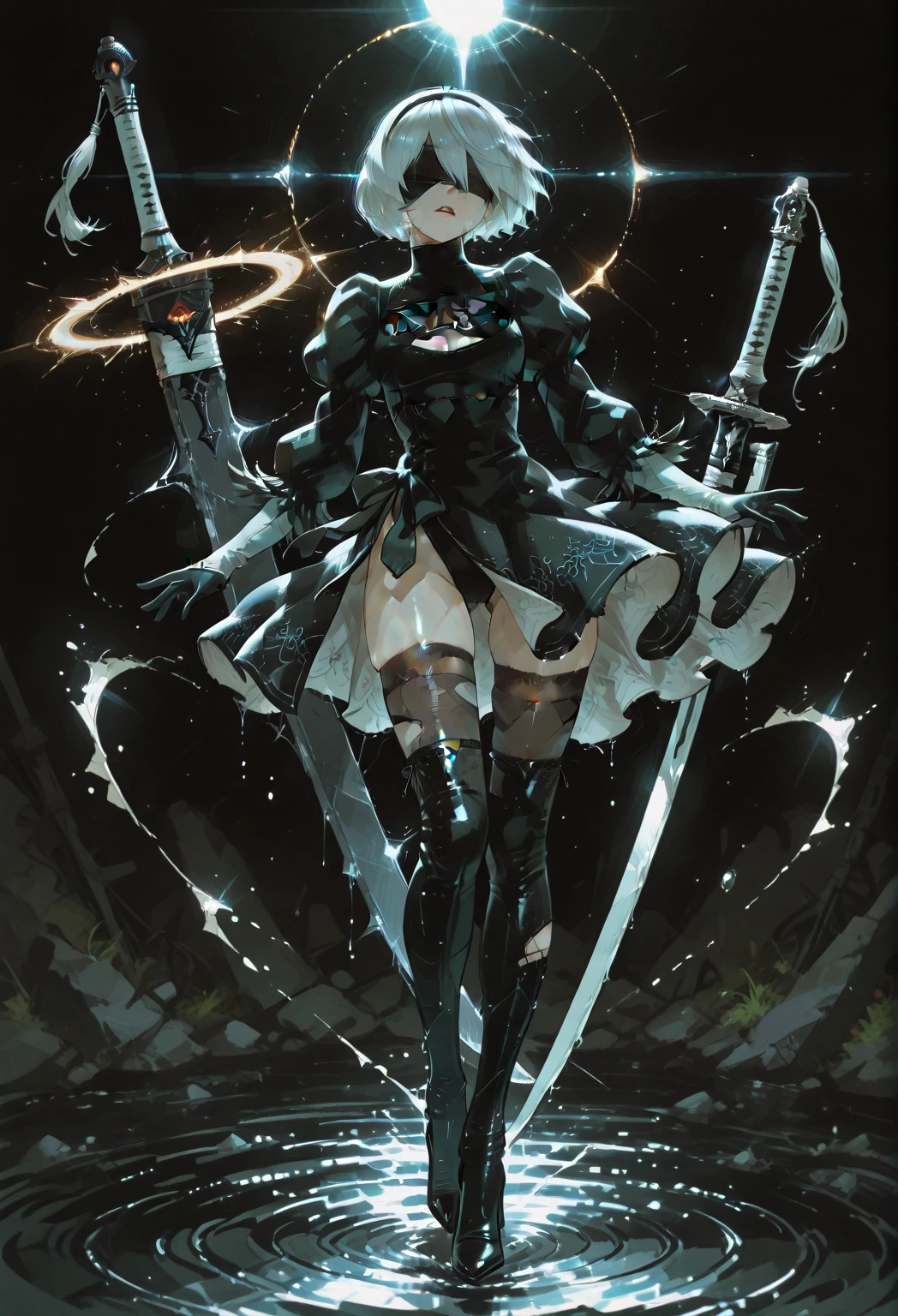 Epic CG masterpiece, hdr,DTM, full ha,8K, ultra detailed graphic tension, dynamic poses, stunning colors, 3D rendering, Surrealism, cinematic lighting effects, Realism, 00 renderer, super realistic, Super view, super wide Angle, HD
blury background,automata inspired、Nier Automata Characters、Nier Automata Cosplay、(High Resolution、4K、highest quality) Inspired by Nier、A girl in a black outfit holding a sword: Automata。Girls、((Both eyes are completely covered with a black blindfold.))、Delicate and beautiful silvery white short hair、Beautiful detailed lips、And has a highly detailed face with fine skin texture。,symbiote,The girl&#39;s black outfit is made of shiny leather material.、Gives a stylish and futuristic look。In his hand he holds a silver sword、Reflecting sunlight。The blade is intricately engraved、Symbiote-infected clothing,The craftsmanship shines through。Girl&#39;s hair blowing in the wind、Adds dynamic movement to the scene。The overall image is realistic and photorealistic.、Sharp focus and vibrant colors、Enhances visual impact。This artwork is from Nier : It captures the essence of Automata.、It pays tribute to the iconic character 2b.。,
depth of field,An ultrarealistic full body photo of woman in fighting venom symbiote, black venom symbiote tentacles, laying deep in dark black liquid , evil smile, evil glowing eyes, hyper realistic, 8K,
1gir, solo,lips, (shiny skin:1.5)skin tight,grey eyes,
spider web print,
