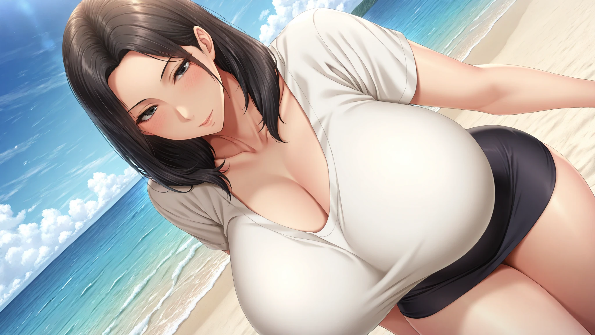 (masterpiece, best quality, ultra-detailed, high resolution, detailed eyes), takeda hiromitsu style, 1 milf, (40 years old), solo, voluptuous body, long black hair, huge breasts, looking at viewer, cowboy shot, casual clothes, glasses