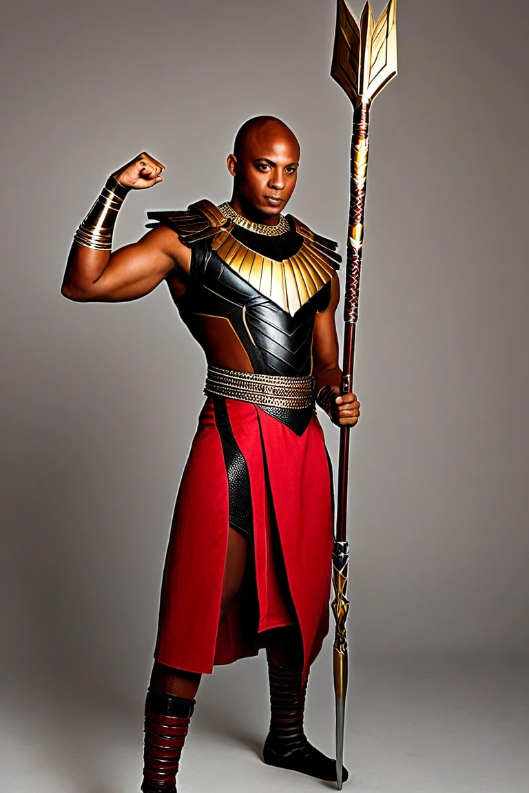 Hyperrealistic image of an elderly Senegalese man over 79 years old superhero king holy Christian martyr of the 2nd century AD imperial warrior with rays of light coming out of his bald body with a huge crown of gold and gems and a halo of light with rays on his super head heavy and very fat very handsome bodybuilder with huge, flabby very large pecs and very sweaty pointed  in a sky of very white clouds wearing only a leather and gold Roman skirt and a velvet cape over the shoulders with an ermine collar 