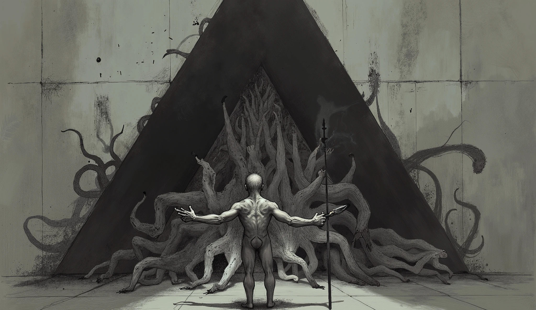 A man with no skin standing in front of a large black triangle on a concrete wall, he beckons with outstretch arms as tentacles slowly emerge from the blackness of the triangle, dim lighting from torches, Eldritch Horror, surreal, macabre, gory, high detail, masterpiece.
