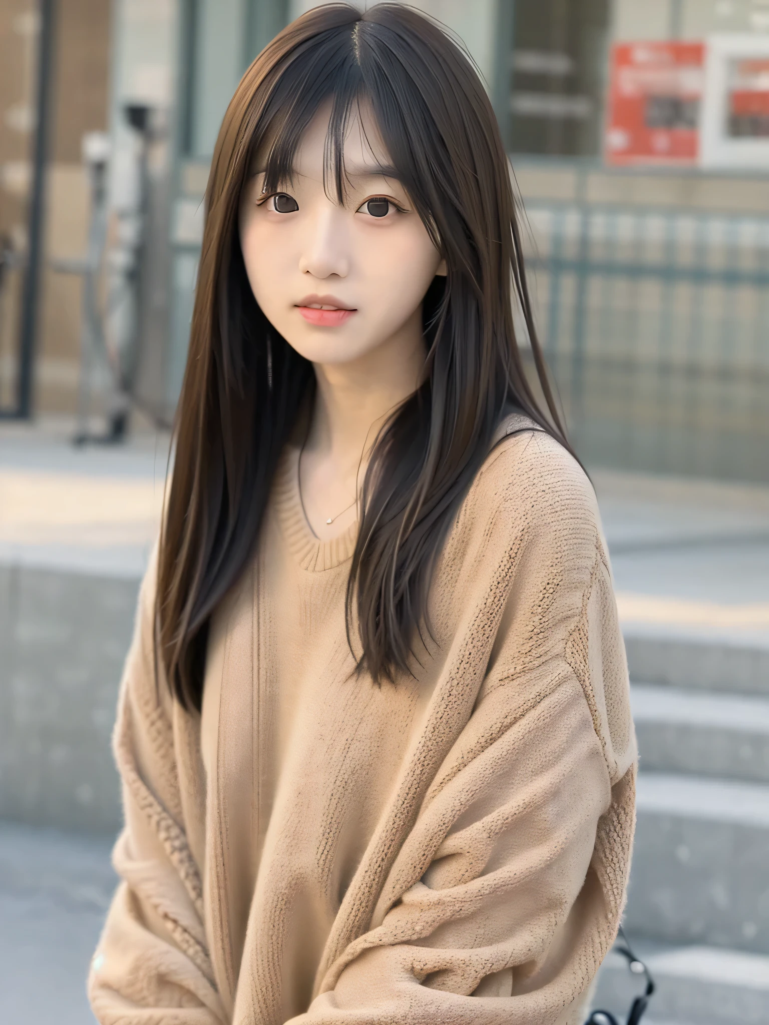 1girl, japanese college girl, long straight black hair with bangs,
warm brown eyes, soft natural skin, (masterpiece:1.2), (photorealistic:1.1),
studio lighting, bokeh background