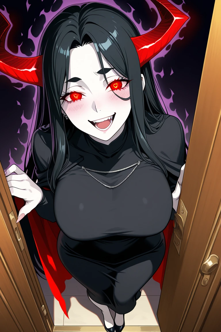 Solo girl, long black hair, facing camera, eyes, stockings, black shirt, demon, red horns, large chest, cleavage, in a bedroom, sitting, hands on chest