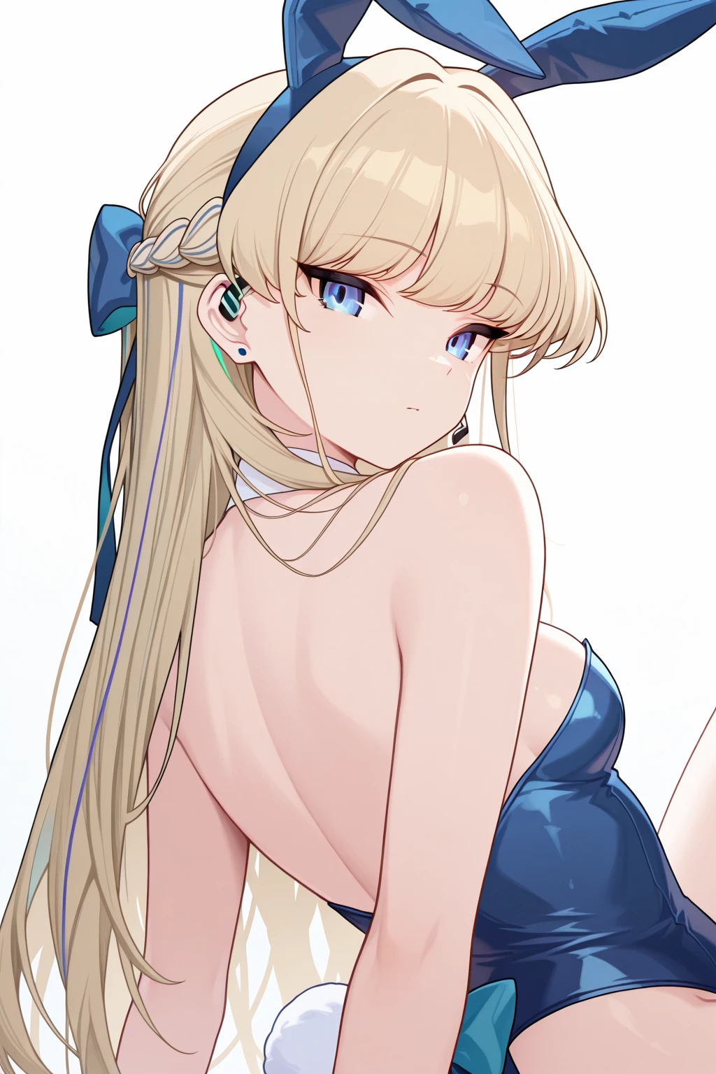 (((a masterpiece of、beste-Qualit、beste-Qualit、Official art、Beautifully Aesthetic:1.2)))、(1girl in:1.3)、(((s ass)))、((Don't show your face))、A sexy、highly detaile、Rabbit ears、highestdetailed、(((Blue High Leg)))、(((Blue Bunny Girl)))、(shinny skin)、(((big chest out)))、thin areola、Asuka horse Toki