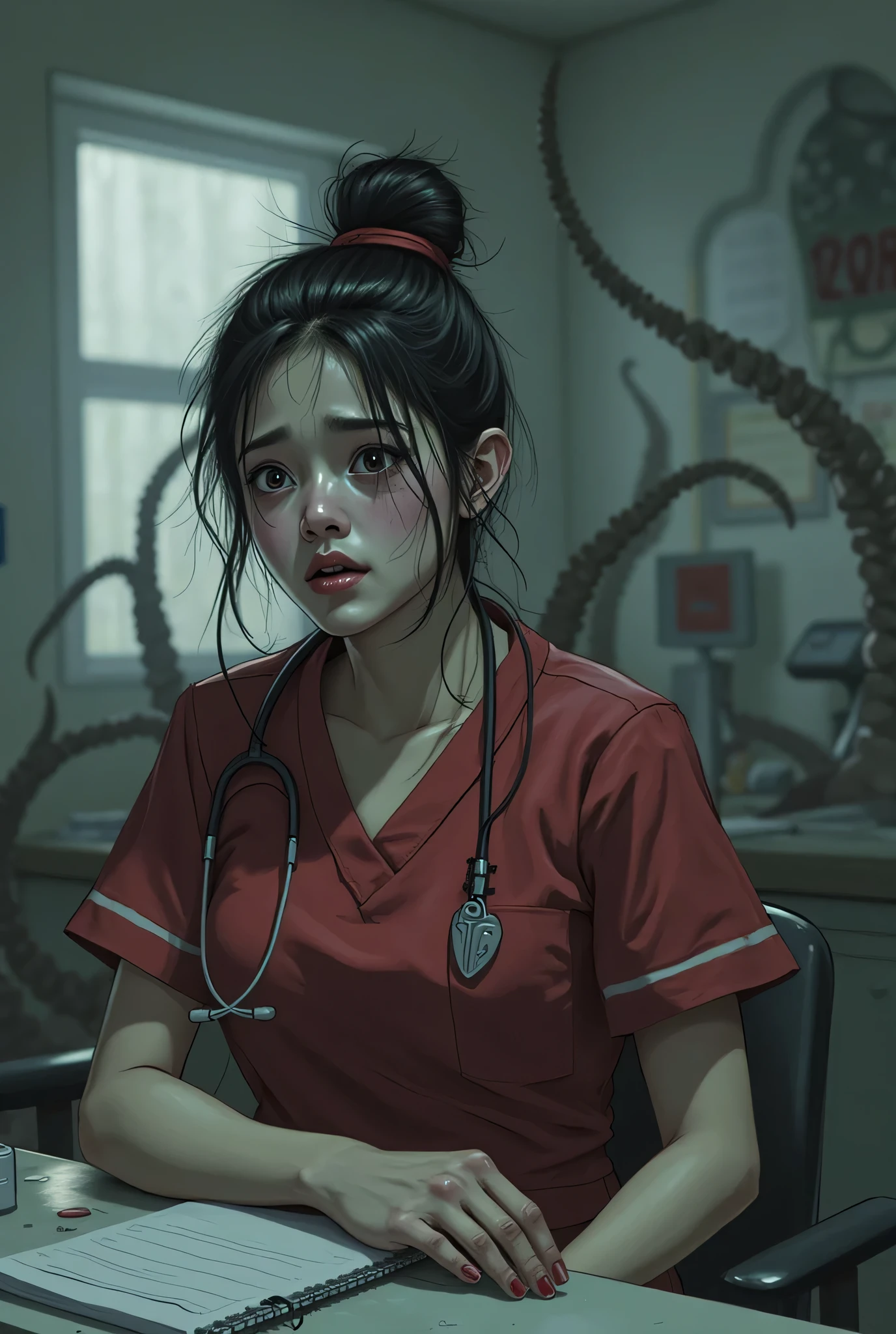 A frightened 20 year old Asian girl, beautiful face, black hair tied in a bun, dark red nursing scrubs, sitting at a nursing station in a dark abandoned hospital, tentacles are coming up behind her in the background as she sits unaware, Eldritch Horror, surreal, high detail, masterpiece.