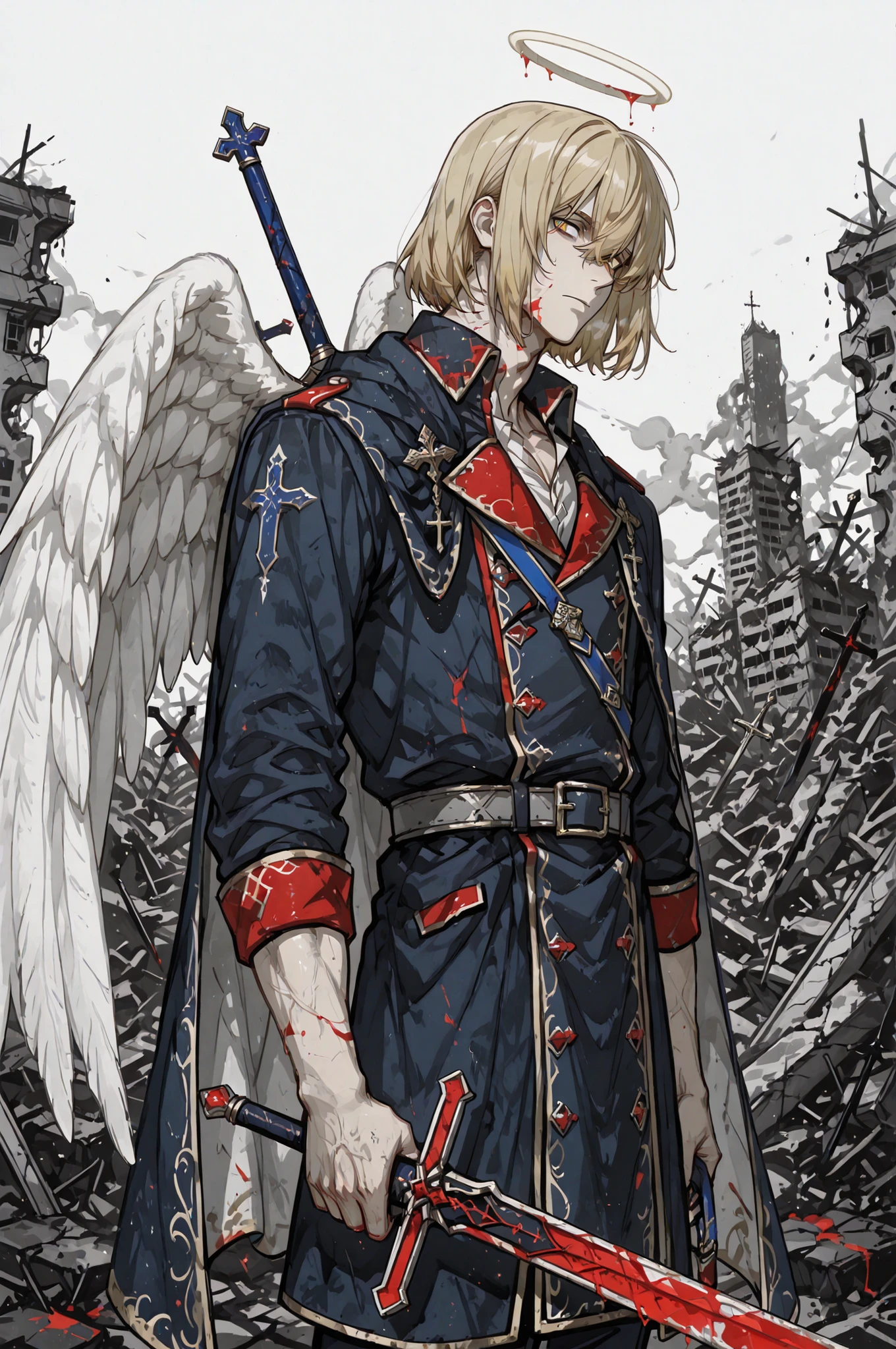 handsome anime-style man, male, around 23 years old, blond silky hair in a neck-length bob, all bangs swept strongly to the side, strong side-swept fringe, thin eyebrows, angel, large pure white wings growing from his back, European-style military uniform, slender yet muscular build, waist up, half body, from waist up, holding two bloodstained swords in both hands, crossing them in front of his face to form a perfect cross shape (one sword held vertically, the other horizontally), cold and slightly seductive expression, captivating eyes, background of a ruined world with destroyed buildings and scorched earth, dramatic lighting, high resolution, high quality