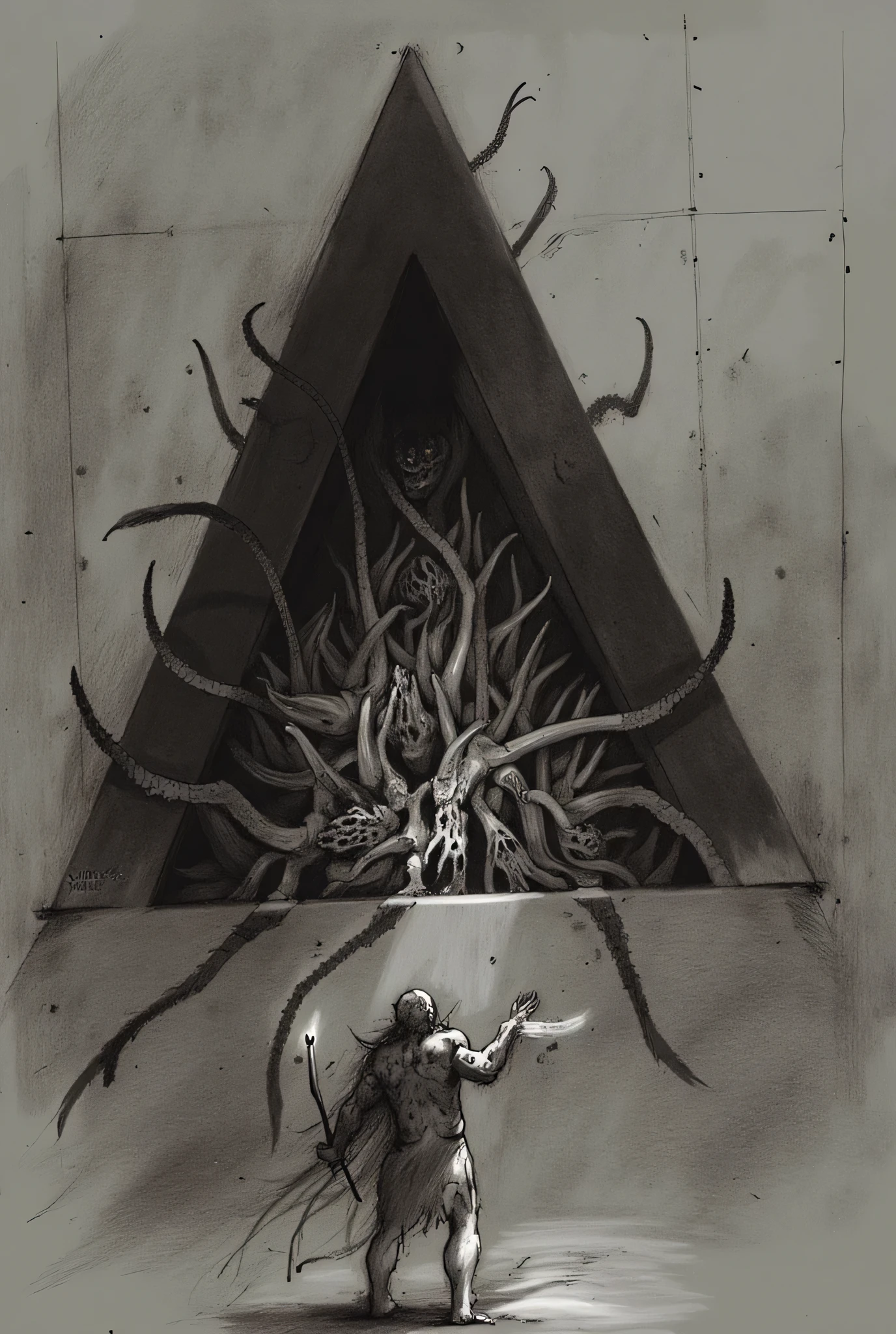 A man with no skin standing in front of a large black triangle on a concrete wall, he beckons with outstretch arms as tentacles slowly emerge from the blackness of the triangle, dim lighting from torches, Eldritch Horror, surreal, macabre, gory, high detail, masterpiece.